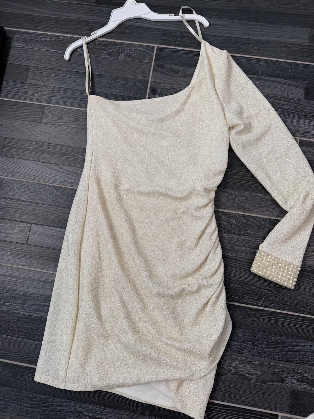 City Studio One-Shoulder Pearl Cuff Mini Dress - Cream